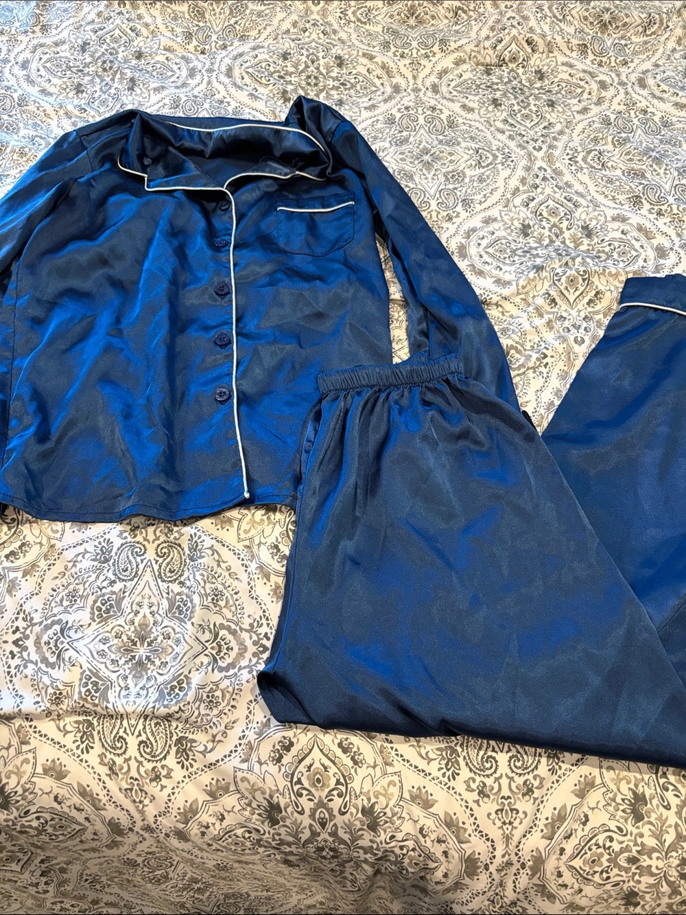 Amazon Women's Navy Blue Satin Pajama Set with White Piping